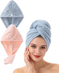 Lumimi Bath Pre Dry Hair Towel 2 Pack - Quick Dry Super Absorbent Lightweight Turban With Button - Drying Wrap for Shower Wellness, Pink Blue