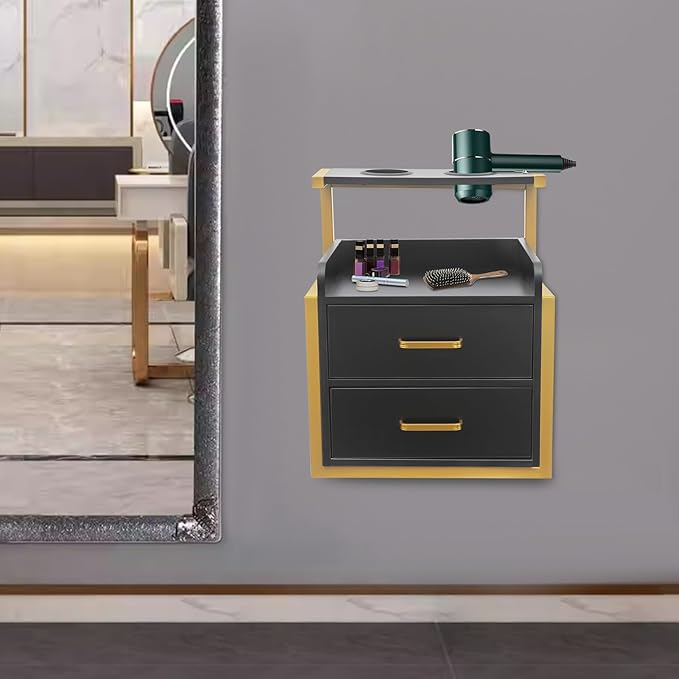 Salon Cabinet, Salon Storage Organizer with 2 Drawers, 110.23Lbs Load Capacity Salon Wall Cabinet, Hanging Styling Station Equipment for Spa, Barber Store, Locker Room, Bathroom (Gold＋Black)