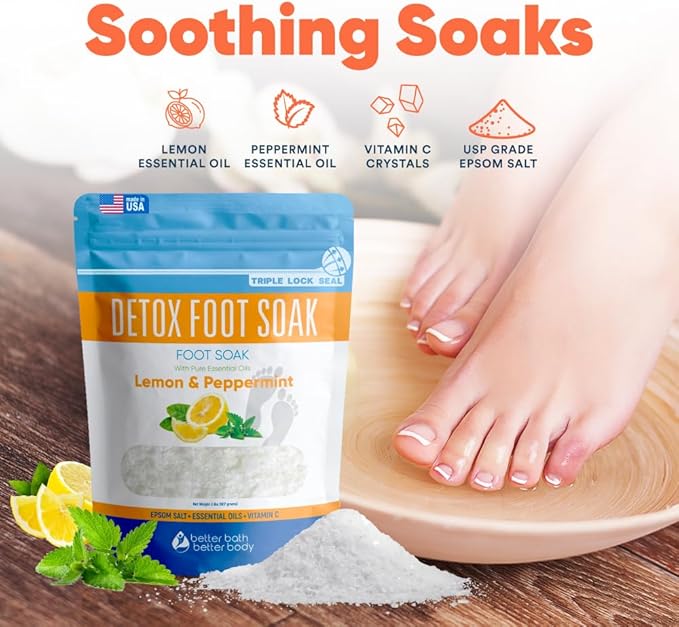 Detox Foot Soak Salts 32 Ounces with Lemon, Peppermint, Lavender Frankincense Essential Oils BPA Free Pouch with Easy Press-Lock Seal Soothe Athletes Foot, Soften Calluses, Relax Tired Feet