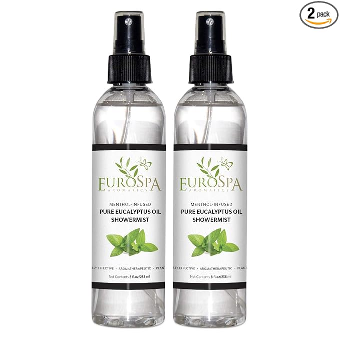EuroSpa Aromatics Pure Eucalyptus Oil ShowerMist and Steam Room Spray, All-Natural Premium Aromatherapy Essential Oils - Menthol Infused, 8oz, 2 Pack