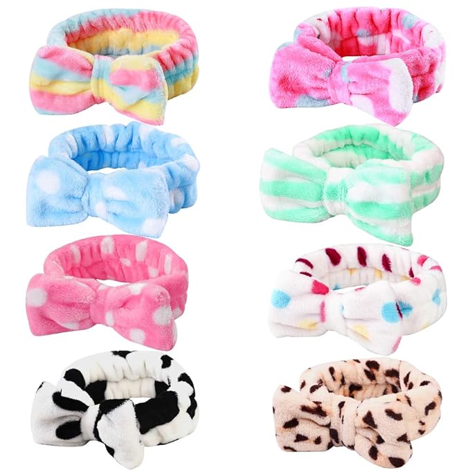 Hishexin 8 Pack Spa Headbands for Women, Soft Bow Skincare Headband for Washing Face, Skincare, Salon & Makeup, Bulk Spa Party Favors, Ideal Christmas Gifts or Stocking Stuffers for Teen Girls