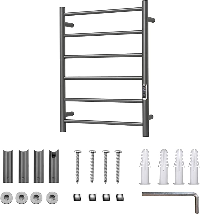 Heated Towel Racks for Bathroom, Wall Mounted Electric Towel Warmer Racks with Timer & Temperature Control, 6 Bar Stainless Steel Towel Heater for Bathroom, Gunmetal Grey, Plug-in