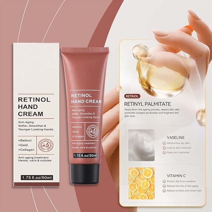 Retinol Hand Cream Anti Aging, Enriched With Collagen, It is Specially Formulated for Aging, Dry, And Chapped Hands (50G Anti Aging Hand Cream, Nourishing and Protecting Skin, Nails, And Cuticles)