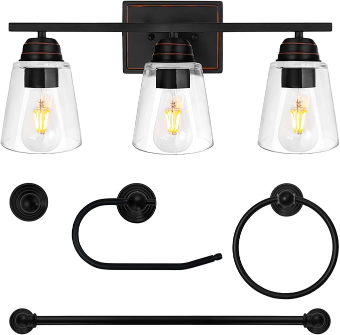 hykolity 3-Light Bathroom Vanity Light, 5-Piece All-in-One Bathroom Set, 20 Inch Modern Wall Lamp, Oil Rubbed Bronze Wall Sconce with Clear Glass Shade, Wall Lights for Bedroom, Living Room, Mirror