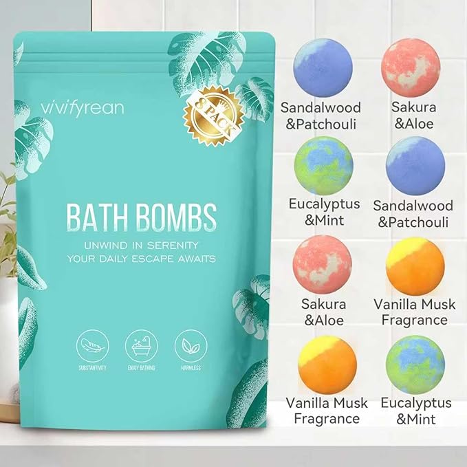 Bath Bombs, Bath Bombs for Women and Girls, Mothers day Birthday Gift, Relax Home Spa, 8 pack Organic with Essential Oil, Shea butter, Epsom salt, Non-Toxic, 4 Natural Scents, Easy to Clean