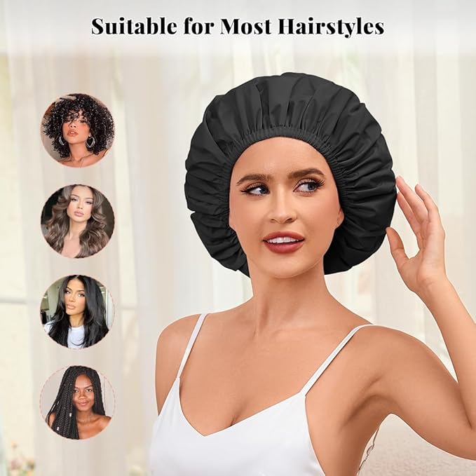 3 Pack Reusable Shower Cap for Women, Waterproof Hair Cap for Shower and Bath, Large Bath Cap for Long Thick Hair