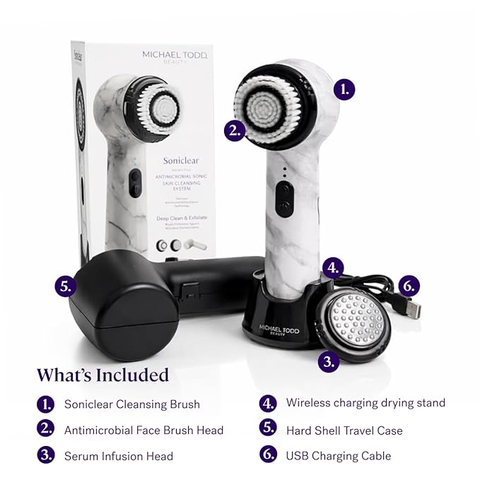 Michael Todd Beauty Soniclear Allure 2024 Best of Beauty Winner Facial Cleansing + Exfoliation Brush System with Antimicrobial Protected Bristles, 4 speeds, Serum Infusion Head + Travel Case
