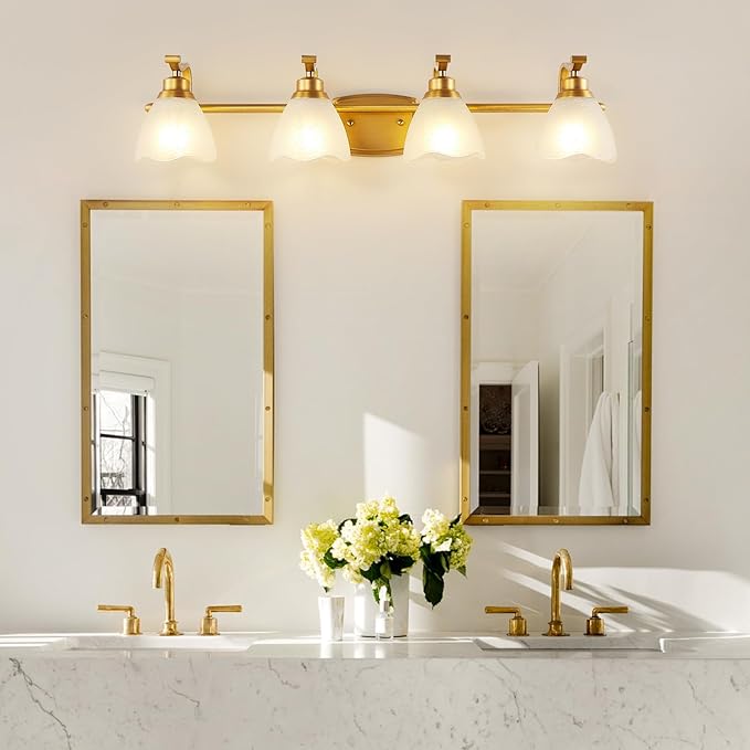 Bathroom Light Fixtures (4-Light, 32 Inch), Brushed Gold Vanity Lights for Bathroom with White Frosted Glass Shade, Modern Vanity Wall Lights for Mirror Bedroom Living Room Hallway