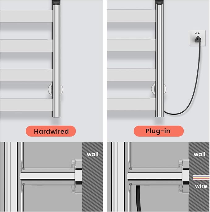 Towel Warmer,304 Stainless Steel Towel Warmer Rack for Bathroom -8 Bars Wall Mounted Towel Heater with Intelligent Touch Screen Timer, Hard Wired/Plug-in, Mirror Polished