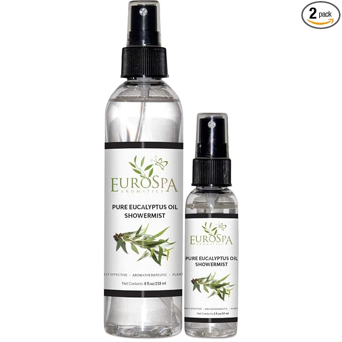 EuroSpa Aromatics Pure Eucalyptus Oil ShowerMist and Steam Room Spray, All-Natural Premium Aromatherapy Essential Oils - Pure Eucalyptus, Duo Pack, 8oz and 2oz