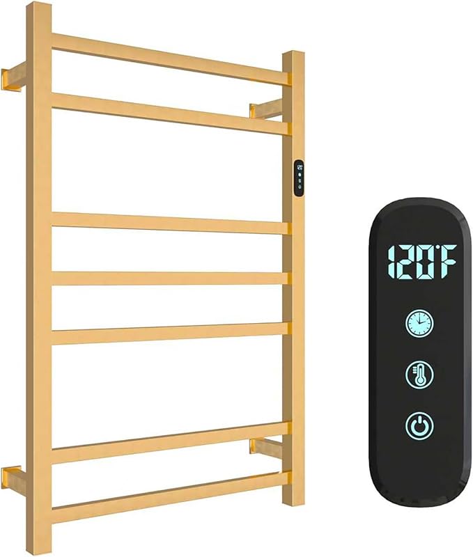 7 Bars Luxury Towel Warmers Wall Mounted Heated Towel Rack, Towel Warmer Rack for Bathroom with Timer & Temperature Multi-Level Adjustable, Hardwired and Plug-in Compatible (Brushed Gold)