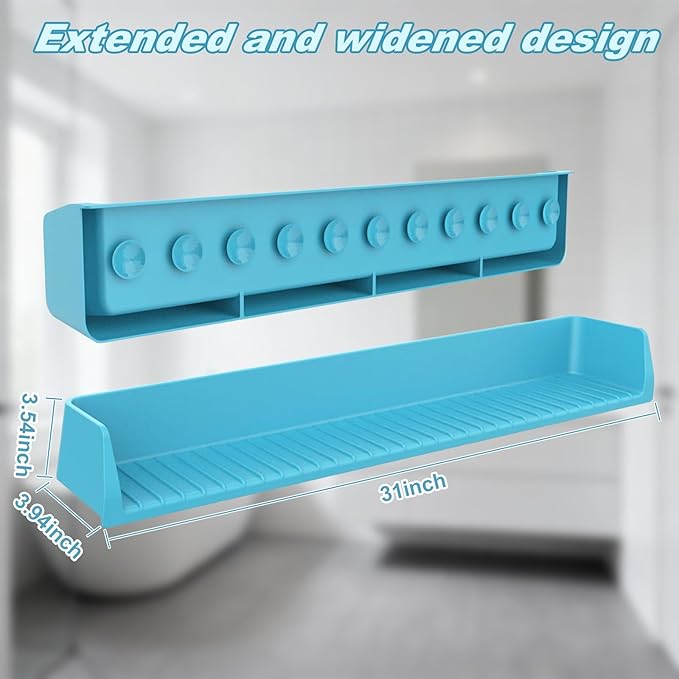 Bathtub Splash Guard for Kids,2.6 FT Silicone Bathtub Play Shelf with 11 Suction Cups, Bath Tub Ledge Shelf for Kids, Prevents Water Spills in Bathroom (Blue)