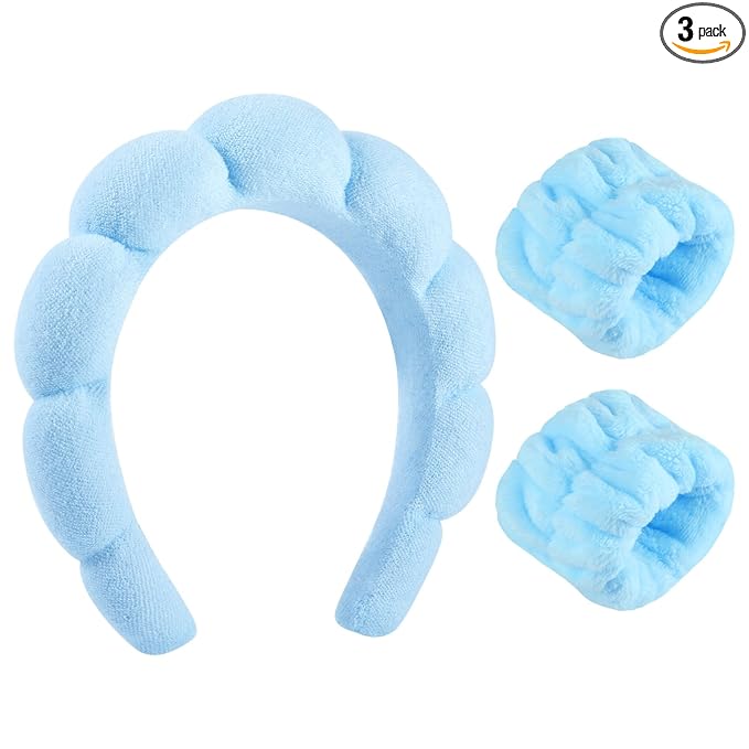 WSICSE Sponge Spa Headband for Washing Face, Blue Skincare Headband and Wrist Washband Set Makeup Hairband for Girls Womens