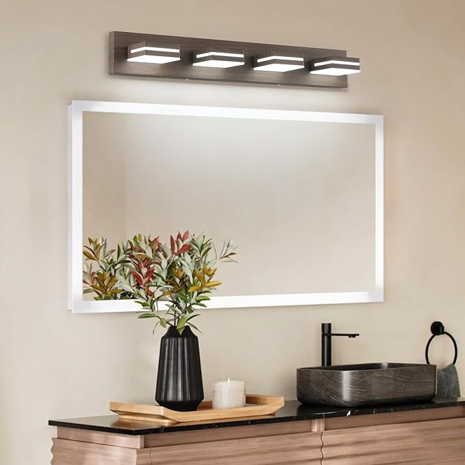 SineRise LED Modern Bathroom Vanity Light Fixtures (4-Light, 30-Inch), Brown Wood Painted Modern Acrylic Bathroom Wall Lighting Fixtures Over Mirror (Cool White 6000K)