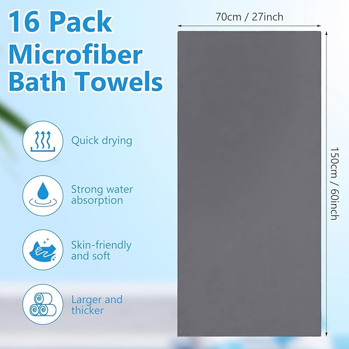 SmoothNovelty 16 Pack Microfiber Bath Towels Bulk 27'' x 60'' Oversized Beach Towel Highly Absorbent Extra Large Soft Drying for Shower Pool Salon Sauna Bathroom Gym Party (Simple,Dark Gray)