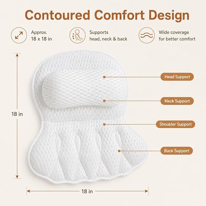 4D Air Mesh Bath Pillow for Tub, Soft Bathtub Cushion with 6 Non-Slip Suction Cups for Head, Neck & Back Support, Machine Washable Spa Pillow, White