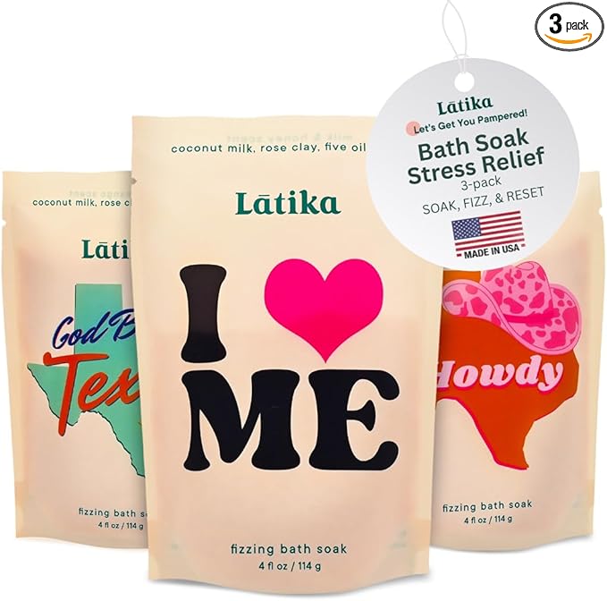 Latika Bath Soaks Set of 3 - Texas, Howdy, I Heart Me - Moisturizing Fizzing Bath Soak for Stress Relief & Muscle Recovery with Essential Oils, Epsom Salt & Natural Scents - Self-Care Spa Gift