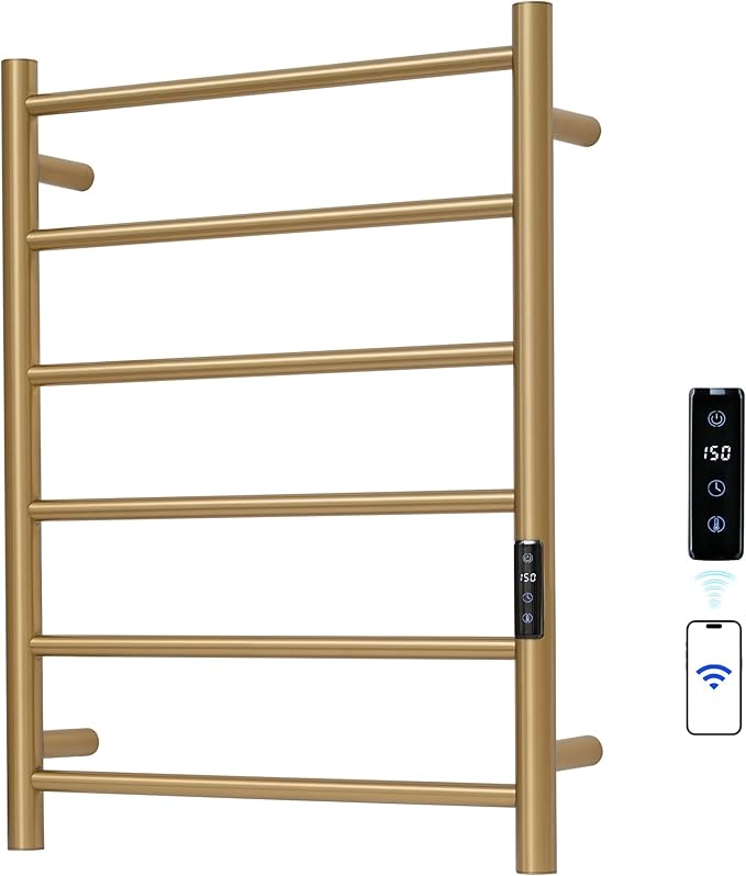 Electric Towel Rack with Voice Control for Alexa & Google Home,TUYA-Wall-Mounted Bathroom Heating Towel Warmer,Plug-in,26.77x20.47x4.39in,Stainless Steel Material,Gold，6 Bars