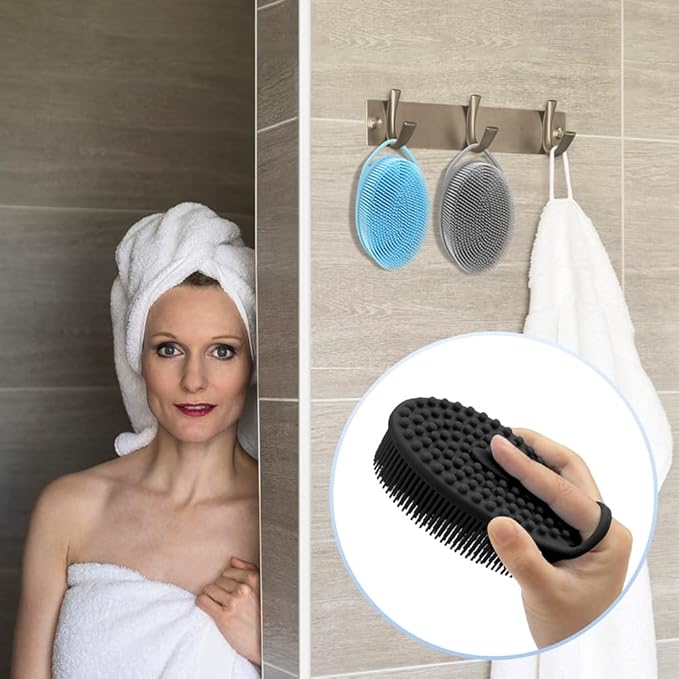 3 Pack Silicone Body Scrubber, Exfoliating Body Scrubber Fit for Sensitive and All Kinds of Skin, Soft Silicone Loofah for Women Men, Clean and Sanitary Rapid Foaming,Black,Blue,Gray
