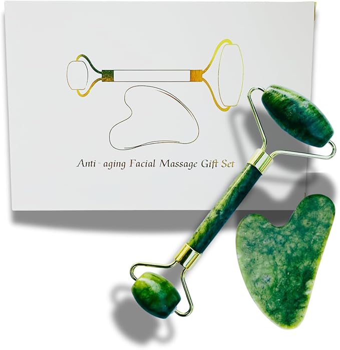 Premium Jade Roller with Gua Sha Set, Natural Green Jade Stone, Gold Metal Handle, Face Massage Tool for Facial Sculpting, Puffiness Reduction, Skin Tightening
