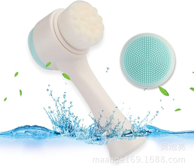 2 in 1 Face Brush - Double Sided Facial Cleansing Brush with Silicone Cleansing Side and Soft Bristles for Washing, Exfoliating and Massaging Your Skin (White and Blue)