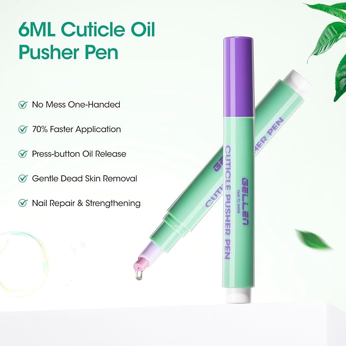 GELLEN 2Pcs Cuticle Pusher Oil Pen - 6ml Large Capacity Nail Oil Pen with Ceramic Cuticle Pusher, One-Click Cuticle Remover Pen for Hands & Feet, Nail Care Pen for Hangnails & Dry & Damaged Nails