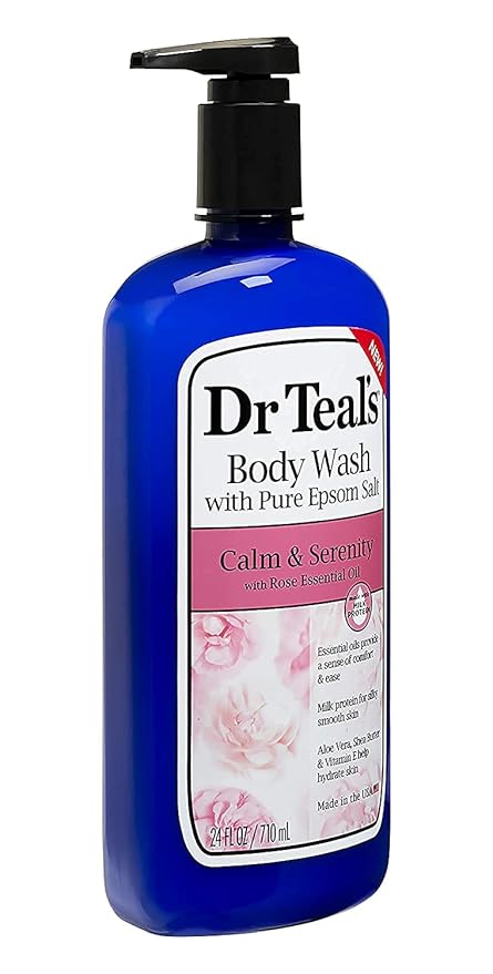 Dr Teal's Calm & Serenity Body Wash with Milk & Rose Essential Oils (1 Bottle, 24 oz) - Pure Epsom Salt, Aloe Vera, Shea Butter, Vitamin E, & Milk Protein Nourish and Moisturize Skin - Calm the Mind