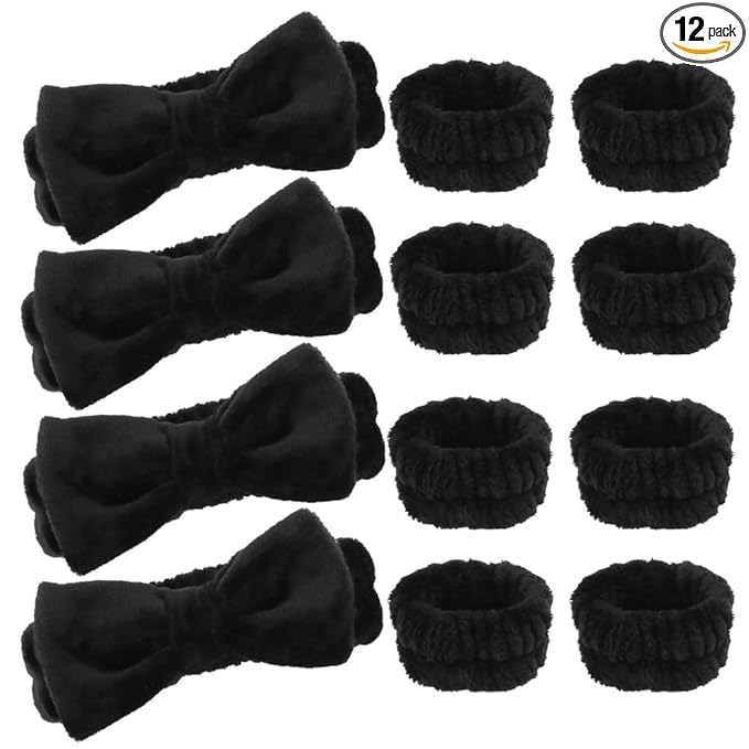 AOPRIE SPA Headbands for Washing Face Makeup Headbands with Bow Hair Band Women Facial Head Band Laurel Wrist Towel Wraps For Shower Face Mask Black, 12 Pack