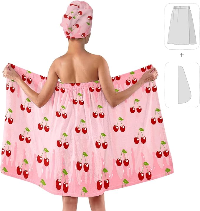Women’s Cherry Print Bath Wrap and Hair Towel Set, Soft Absorbent Microfiber Shower Body Skirt with Elastic Closure, Quick-Dry Lightweight Spa Towel Outfit for Home, Gym & Travel (Cherry 9)