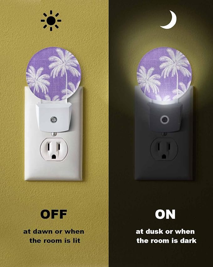 Night Lights Auto Sensor Tropical Palm Trees Night Light Purple Linen Coastal Round Lamp Plug-in LED Nightlights Dusk to Dawn for Living Room Bedroom Bathroom Hallway Wall Decor