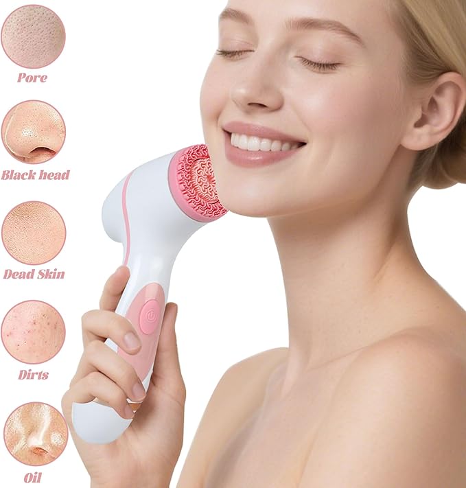 Facial Cleansing Brush, 3in1 Silicone Face Scrubber, Waterproof Facial Scrubber for Deep Cleansing, Rechargeable Face Exfoliation Brush with 2 Adjustable Speeds, Face Spin Brush for Women Men (Pink)