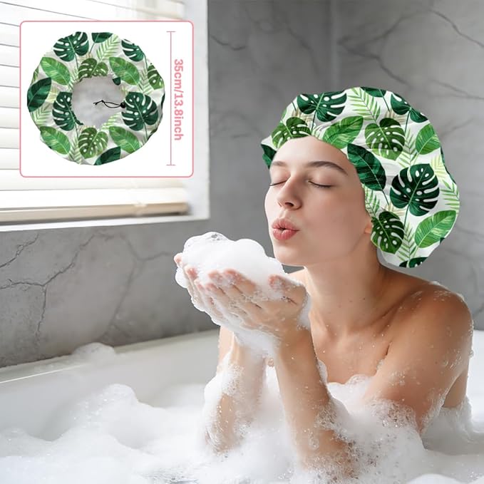 Tropical Leaves Reusable Shower Cap Green Monstera Double Layer Waterproof Shower Caps Large Elastic Hair Cover Adjustable Hair - Drying Caps for Woman Man Bath SPA Travel One Size Fits Most