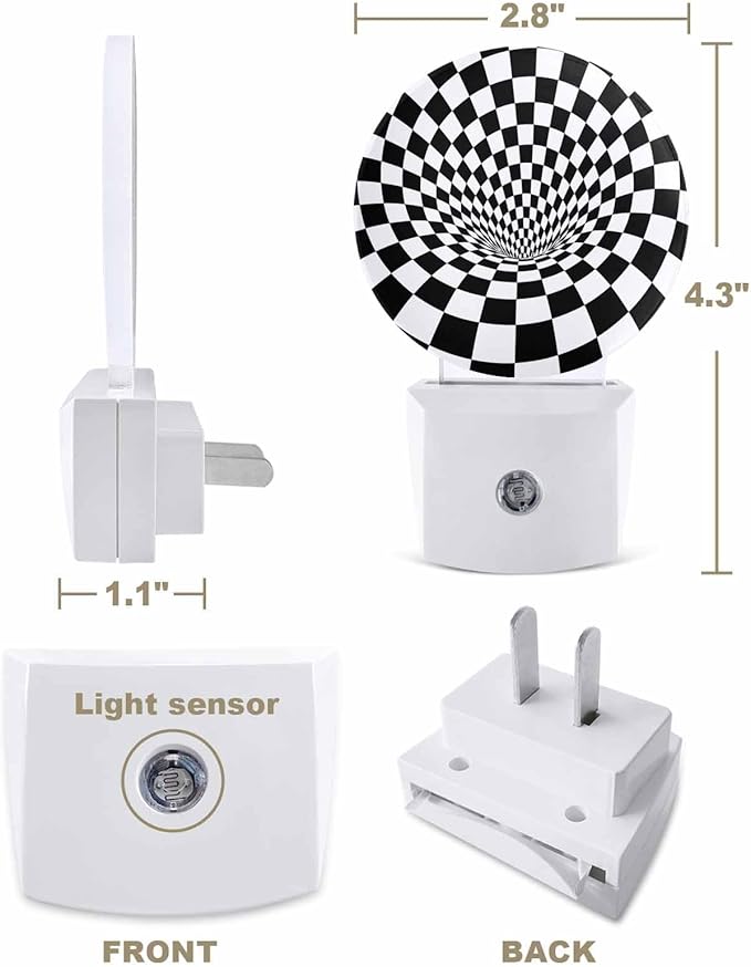 Night Lights Auto Sensor Black White Checker Night Light 3D Abstract Mosaic Tiles Round Lamp Plug-in LED Nightlights Dusk to Dawn for Living Room Bedroom Bathroom Hallway Wall Decor