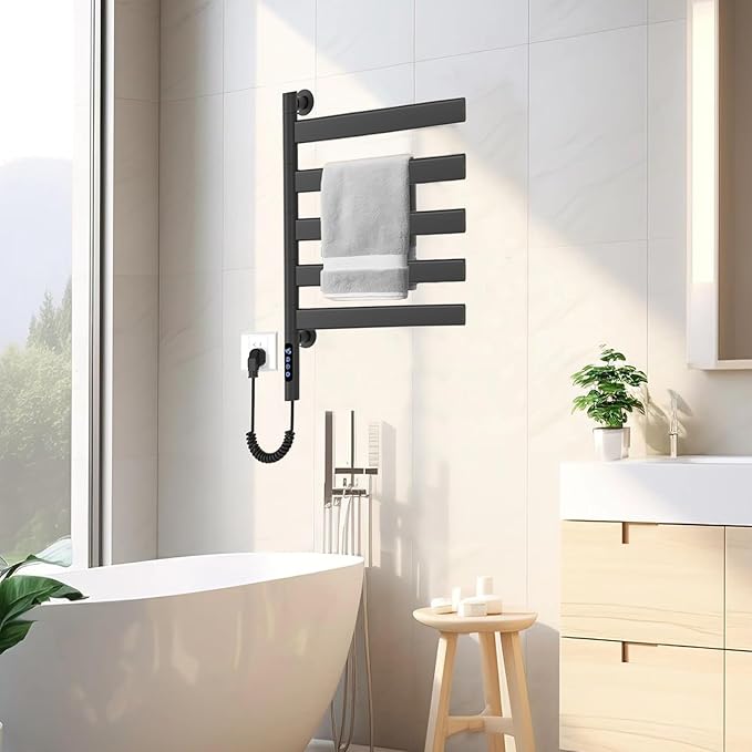 Smart Rotating Heated Towel Rack for Bathroom Black, VOKIM 5-Bar Wall-Mounted Electric Towel Warmer with Swivel Bars, Stainless Steel, IPX4