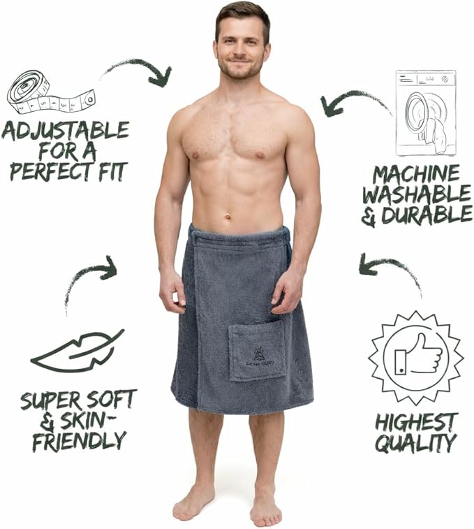 100% Cotton Sauna Kilt Towel Wrap for Men – Soft Sauna Towel for Inside Sauna, Adjustable Waist Wrap Bath Robe, Essential Sauna Accessories for Home Spa, Shower & Dry Sauna, Luxury Gift for Him, Grey