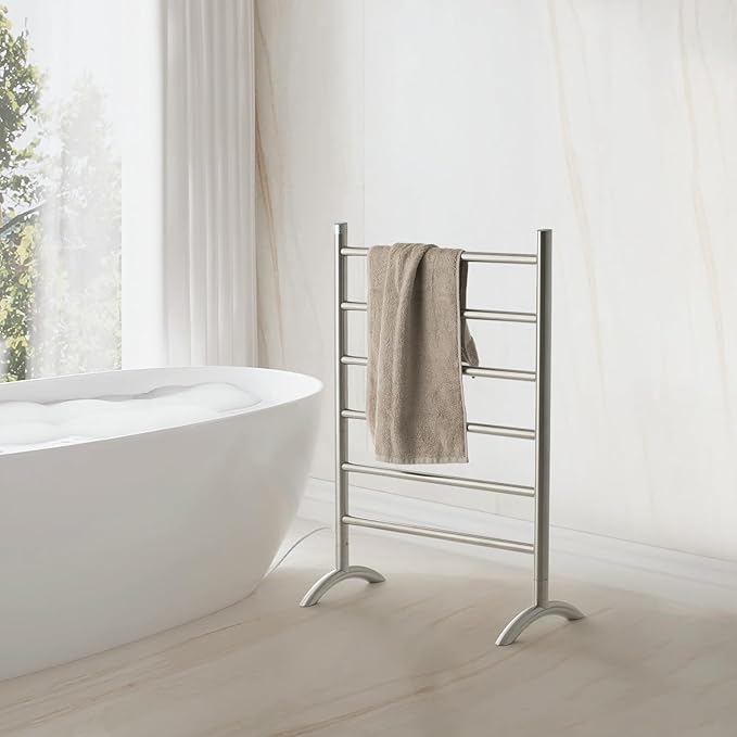 Freestanding Towel Warmer 6 Bars Plug-in Option 3 Working Modes with Top-Mounted Timer Brushed Stainless Steel 24” W 34” H