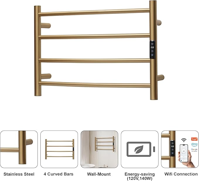 Electric Towel Rack with Voice Control for Alexa & Google Home,TUYA - Wall-Mounted Bathroom Heating Towel Warmer,Plug-in,Stainless Steel Material,16.54x23.62x5.51 in,Gold，4 Bars