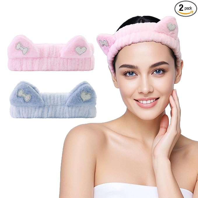 Kawaii Spa Headbands for Women Girls - 2 Pack Cute Cat Ear Soft Fleece Facial Headbands for Makeup, Skincare, Bath, Shower, Beauty and Face Washing, Blue+Pink Heart