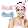 Kawaii Spa Headbands for Women Girls - 2 Pack Cute Cat Ear Soft Fleece Facial Headbands for Makeup, Skincare, Bath, Shower, Beauty and Face Washing, Blue+Pink Heart