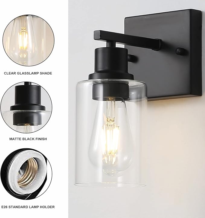 Bathroom Vanity Light Fixtures, 1-Light Matte Black Bathroom Lights, Wall Sconces with Clear Glass Shade for Hallway Farmhouse Bedroom Living Room