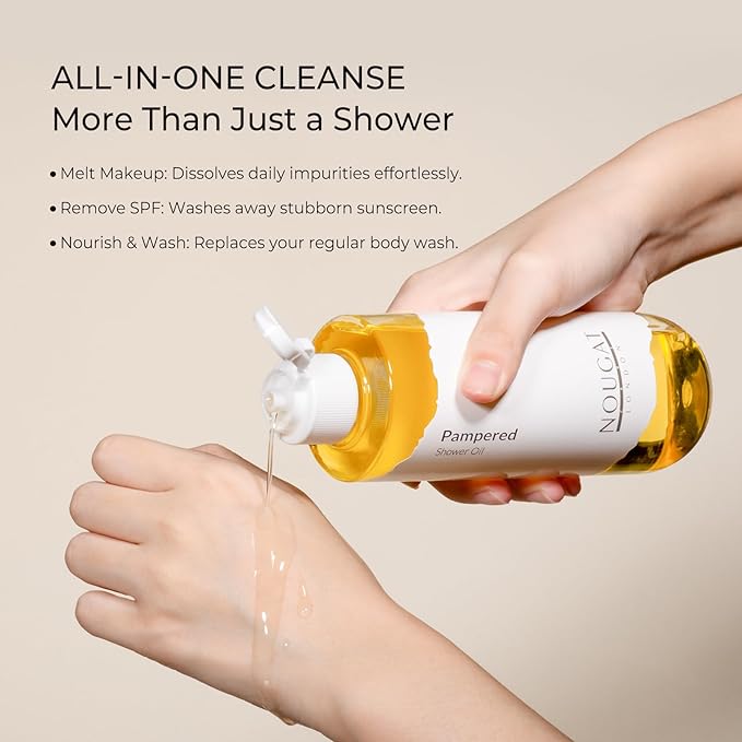NOUGAT Pampered Shower Oil for Daily Bath Routine, Transforming Oil-to-Milk Body Cleanser for Makeup & Sunscreen Removal, Hydrating Botanical Wash for Dry Skin Relaxation at Home, Exotic Scent, 372g