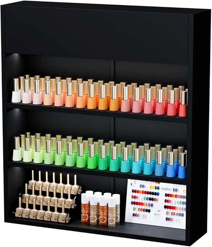OmySalon Wall Mounted Display Rack, 32-Inch 3-Tier LED Nail Polish Organizer Shelf with USB Touch Control, for Nail Salon, Spa, Beauty Studio Storage, Wooden Retail Display (Black)