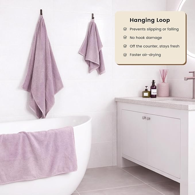 SEMAXE 4 Piece Purple Bath Towel Set for Bathroom, 100% Cotton Bath Towels with Hanging Loop, 55 x 27 Inch, Soft Absorbent & Quick Dry, for Home