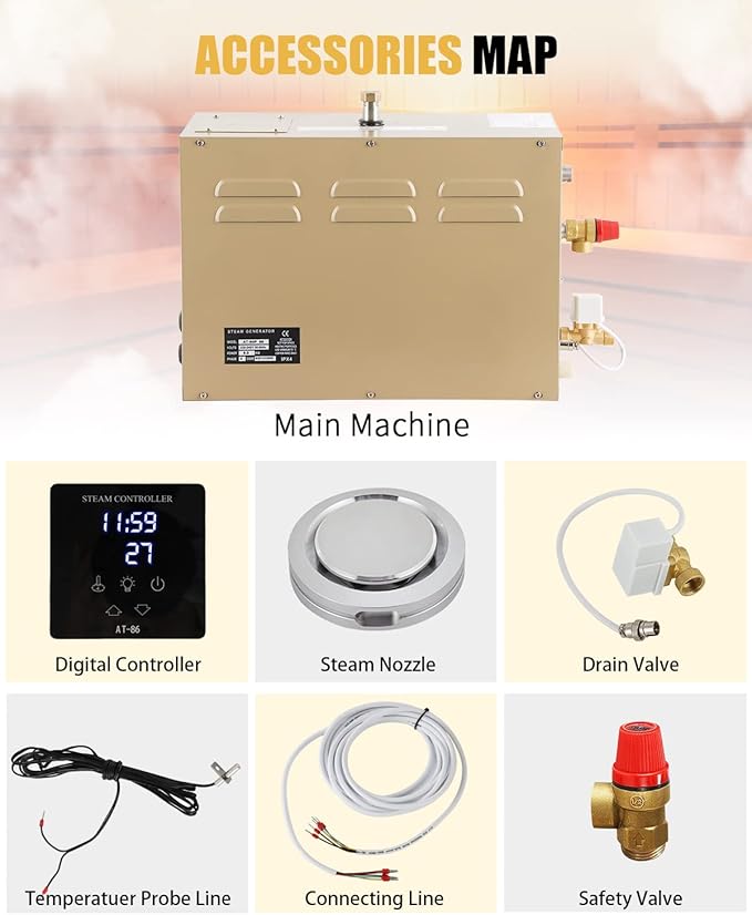 CGOLDENWALL 9KW Commercial Self-Draining Steam Generator Shower System Home Steam Bath Spa Generator 30 min to 12 Hours with Auto Drain 95-131℉ for Suitable Space Heating 9 m³/318 Cubic feet (9KW)
