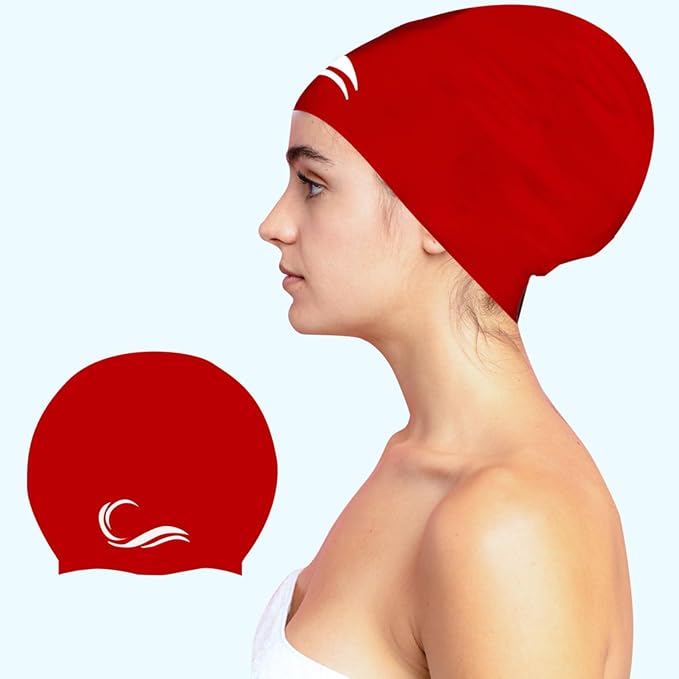 Interlaken Silicone Swim Cap (Check Size Before Buying) - Waterproof Black, Red & Blue Swim Cap