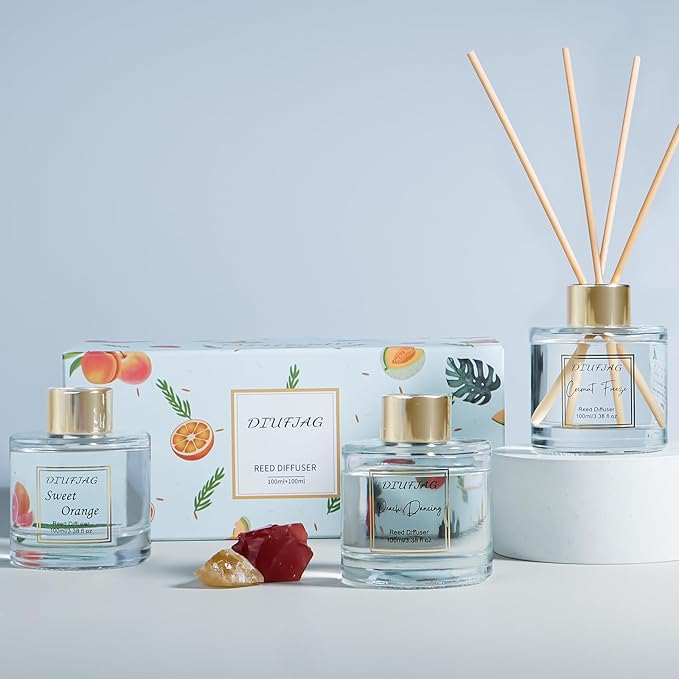 200ml Scent Diffuser with 6 Fiber Sticks, 6.76 oz Reed Diffuser Set Aromatherapy Fragrance Diffusers Air Fresheners for Home Bedroom Bathroom (Orange Peach)