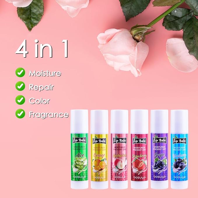 6 Pack Lip Balm, Fruit Flavoured Lip Balms, All Day Moisturising, Soft Natural Lip Balm with Vitamin E and Coconut Oil for chapped or dry lips.