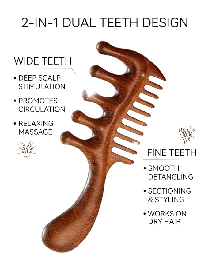 Wooden Scalp Massager Comb – Natural Wood Wide & Fine Tooth with Handle for Hair Growth, Scalp Care & Stress Relief – Detangling Tool for All Hair Types