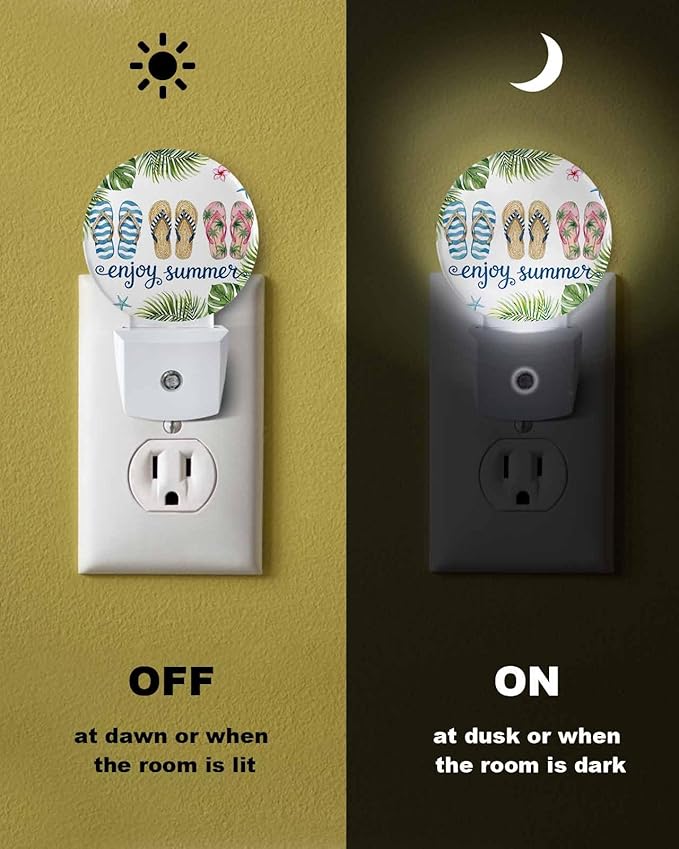 Night Lights Auto Sensor Flip Flops Night Light Enjoy Summer Green Palm Leaves Round Lamp Plug-in LED Nightlights Dusk to Dawn for Living Room Bedroom Bathroom Hallway Wall Decor