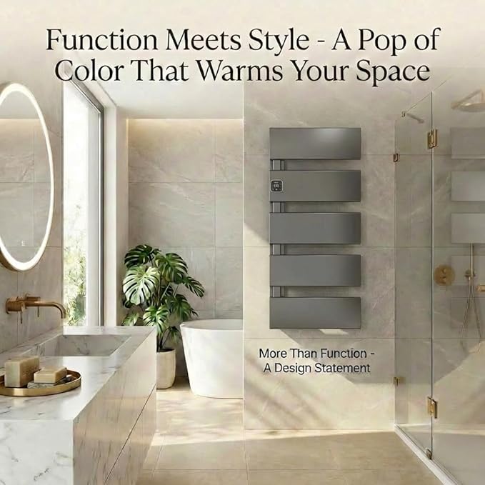 Electric Towel Warmer, Heated Towel Rack with Thermo Control and Timer, Fast Heating Towel Rail for Bathroom with Memroy Function, Work with Smart Plug, Left-Wiring, 5 Panel, Gun Gray